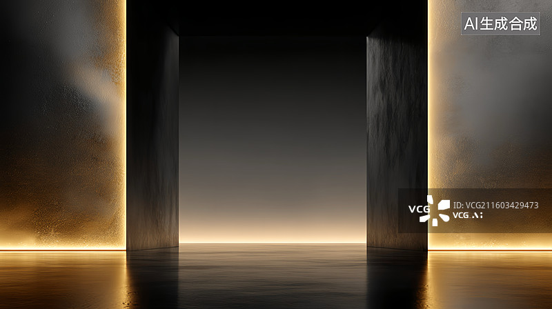 【AI数字艺术】黑金风格室内光影建筑空间抽象商务科技背景图片素材