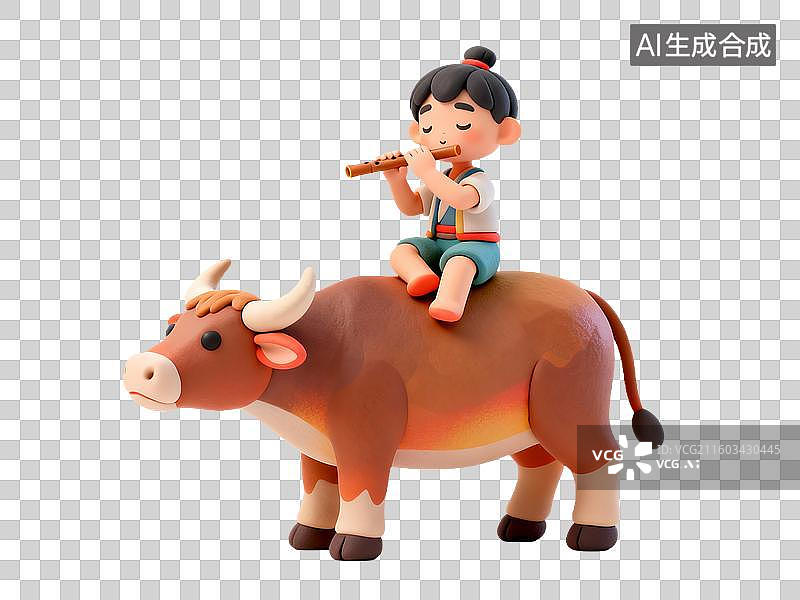 【AI数字艺术】3D粘土风立春节气元素牧童骑水牛吹笛图片素材