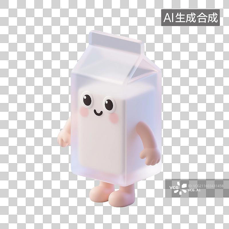 【AI数字艺术】3D渲染，一盒牛奶，卡通拟人透明牛奶盒，奶制品，酸奶，奶油，淡奶油，饮料，果汁，饮品，纸盒，包装图片素材