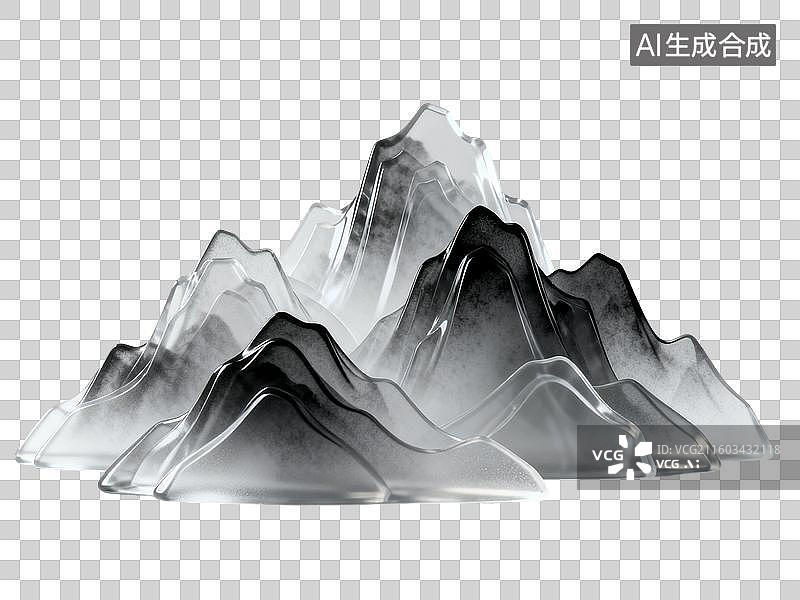 【AI数字艺术】3D渲染，透明琉璃质感，玻璃中国山水风景，国风山元素，山，山脉，国潮风山水画，免抠元素图片素材