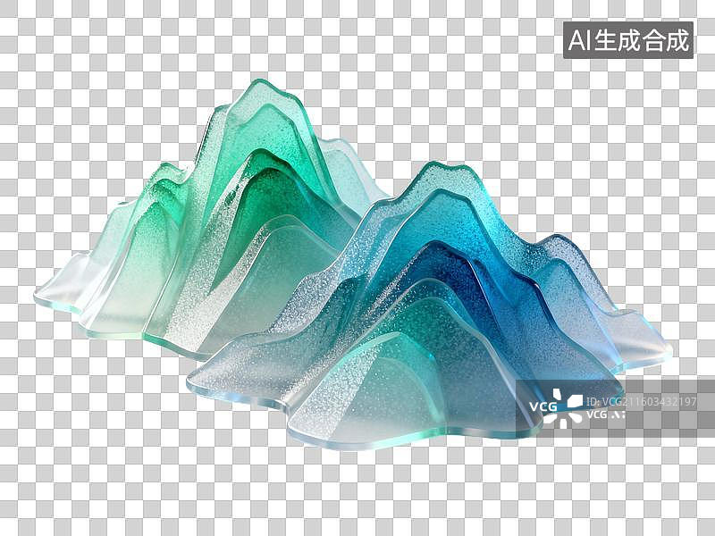 【AI数字艺术】3D渲染，透明琉璃质感，玻璃中国山水风景，国风山元素，山，山脉，国潮风山水画，免抠元素图片素材