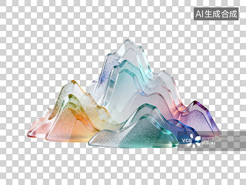【AI数字艺术】3D渲染，透明琉璃质感，玻璃中国山水风景，国风山元素，山，山脉，国潮风山水画，免抠元素图片素材