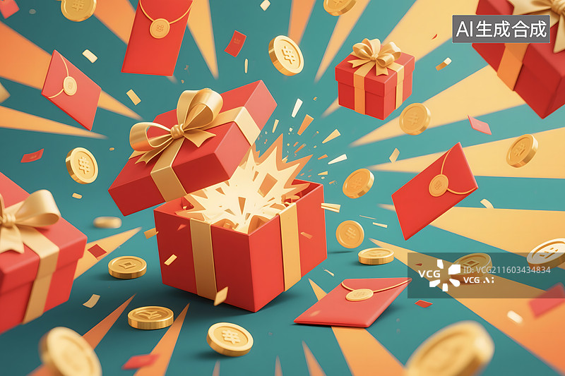 【AI数字艺术】电商促销插画：红色礼盒炸开飞出红包金币的喜庆场景图片素材