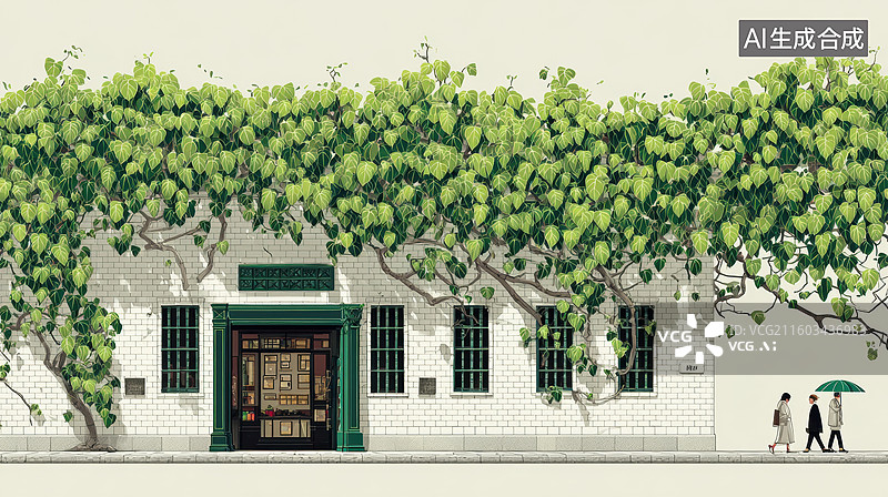 【AI数字艺术】绿树掩映的白色建筑图片素材