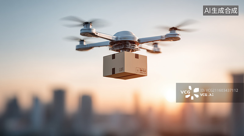 【AI数字艺术】无人机运送包裹城市上空图片素材