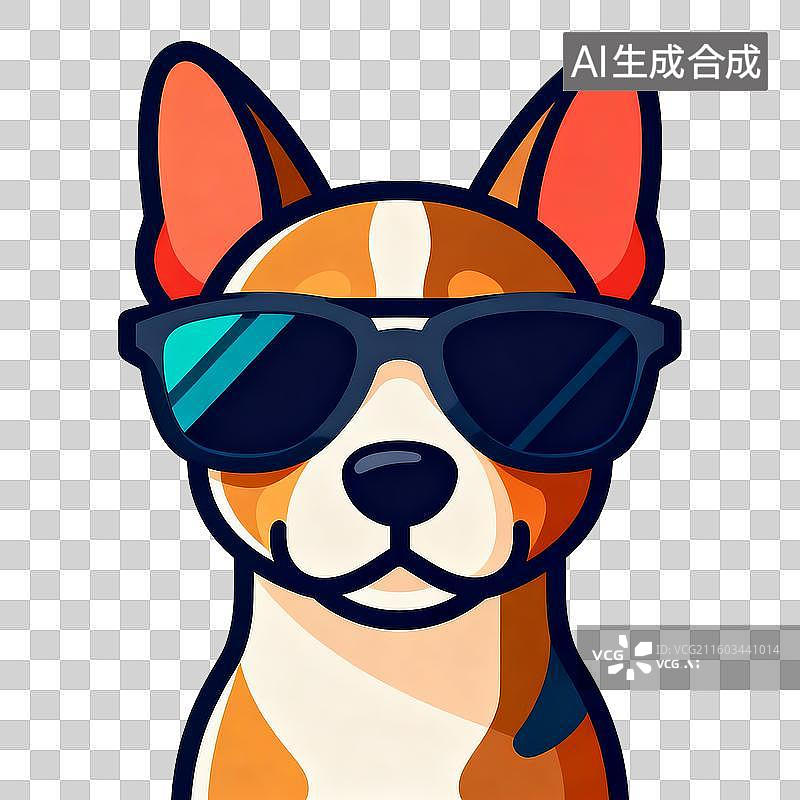 【AI数字艺术】彩色鲜艳扁平设计的卡通贴画元素带墨镜的宠物狗图片素材