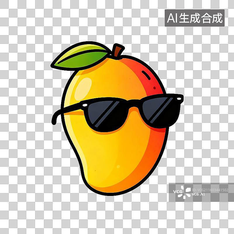 【AI数字艺术】彩色鲜艳扁平设计的卡通贴画元素带墨镜的芒果图片素材