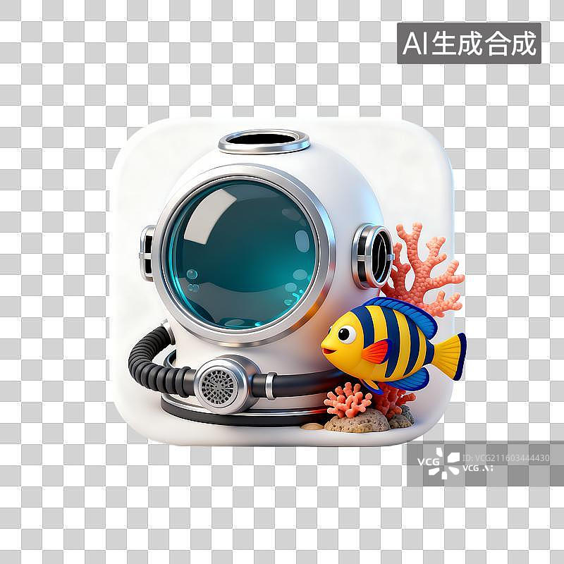 【AI数字艺术】3D复古潜水头盔与彩色鱼类图片素材