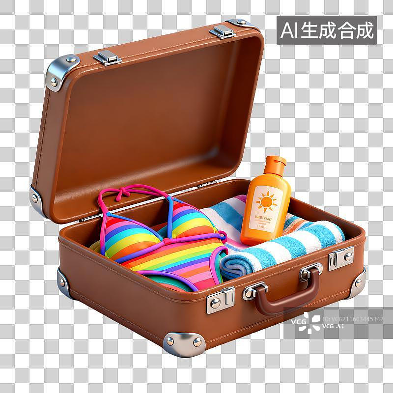 【AI数字艺术】打开的棕色行李箱与夏日物品图片素材