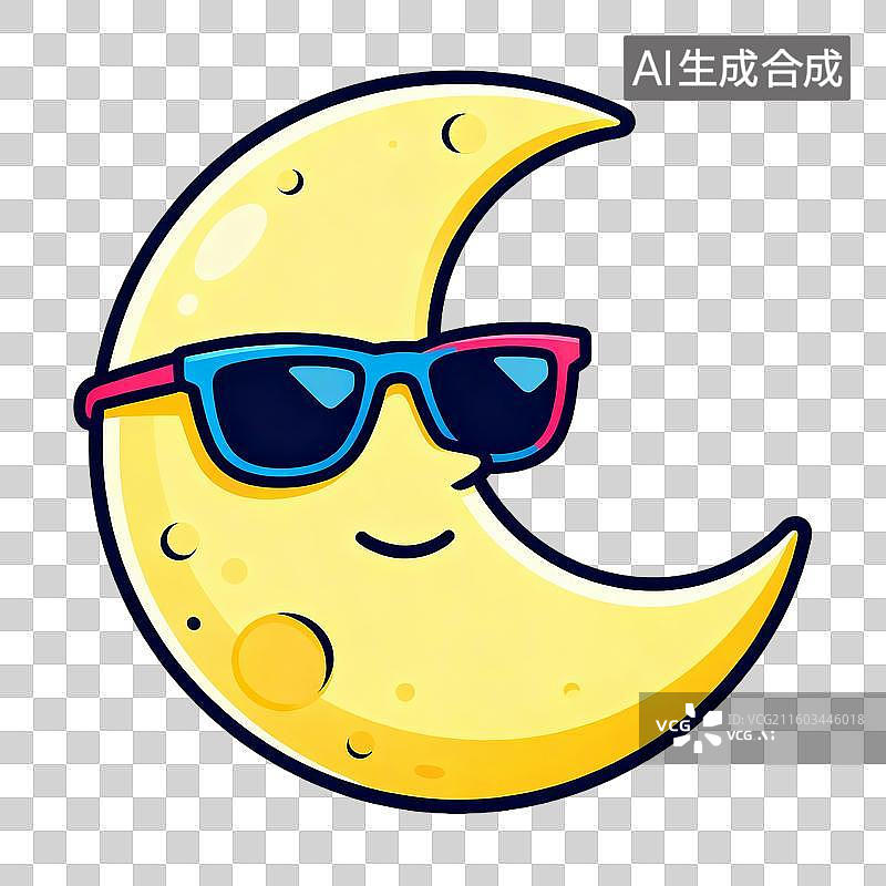 【AI数字艺术】扁平插画元素带墨镜的月亮图片素材