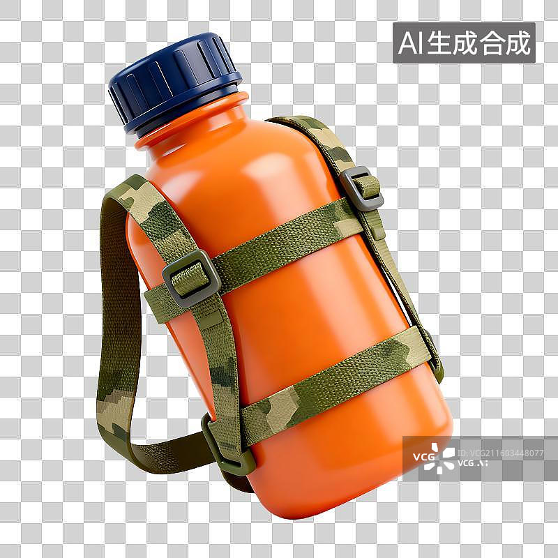 【AI数字艺术】橙色塑料户外水壶带迷彩带图片素材