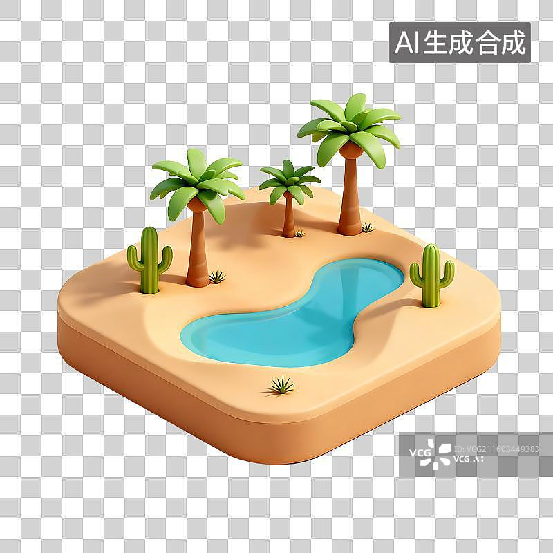 【AI数字艺术】等距视角沙漠景观含棕榈树和小水池图片素材