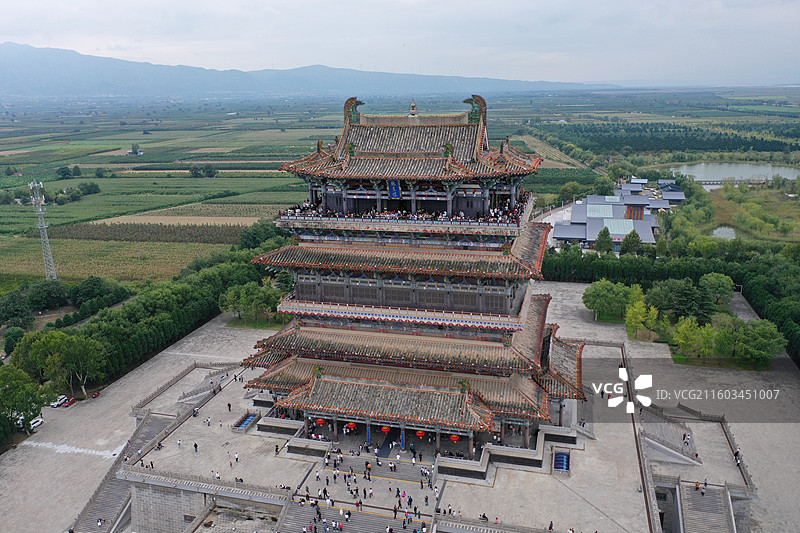 航拍山西运城永济鹳雀楼建筑黄河沿岸风光图片素材