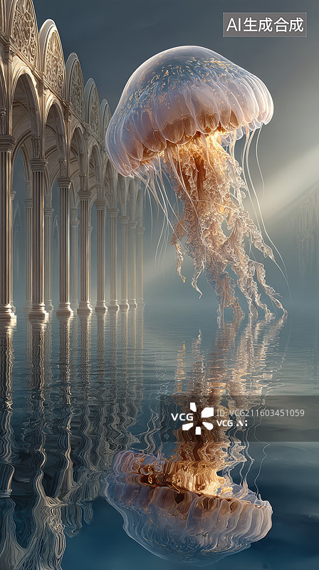 【AI数字艺术】水母在拱廊倒影中漂浮图片素材