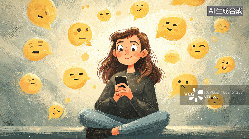 【AI数字艺术】女孩使用手机周围漂浮表情符号图片素材