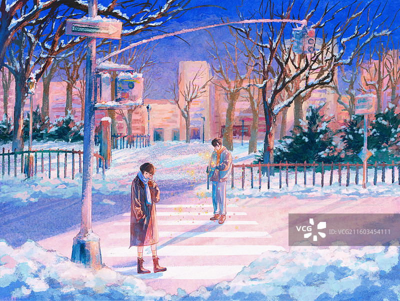 情侣在冬天街道散步偶遇插画图片素材
