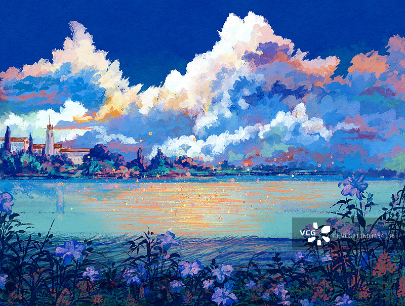 户外风景云朵天空湖泊背景插画图片素材