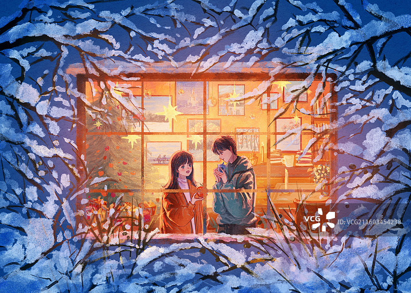 情侣在温馨的家中过圣诞节插画图片素材