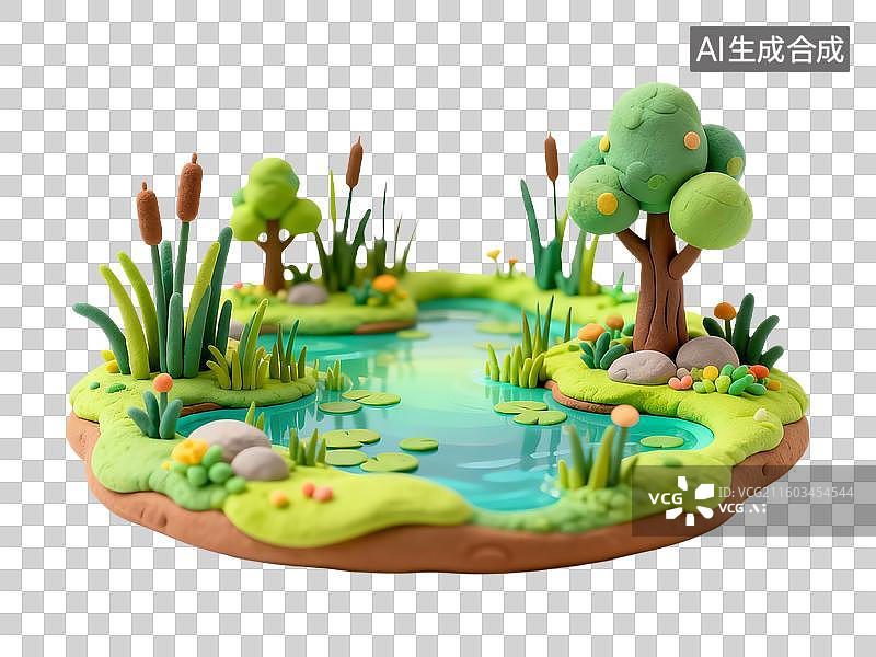 【AI数字艺术】3D卡通粘土风自然湿地风景图片素材