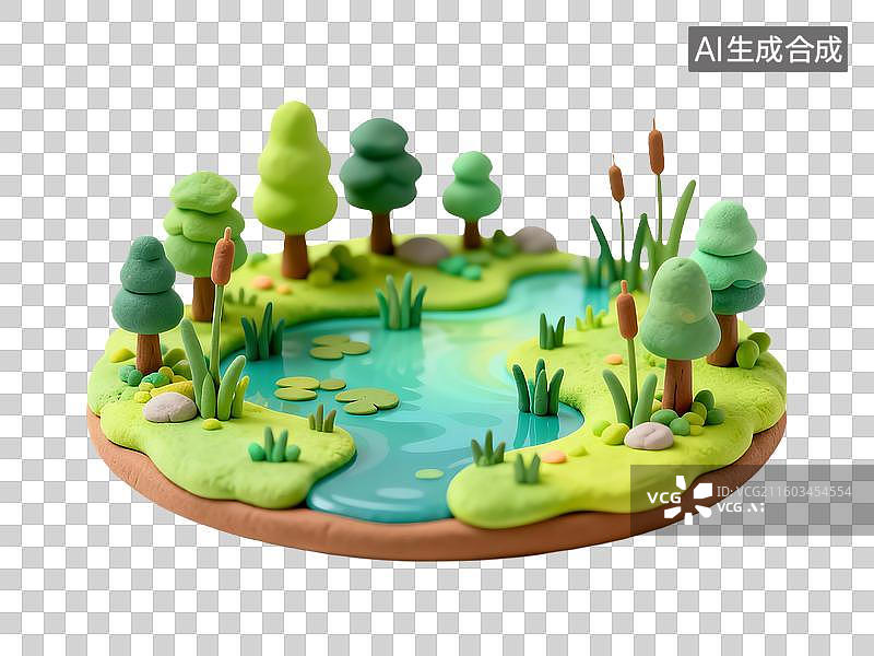 【AI数字艺术】3D卡通粘土风自然湿地风景图片素材