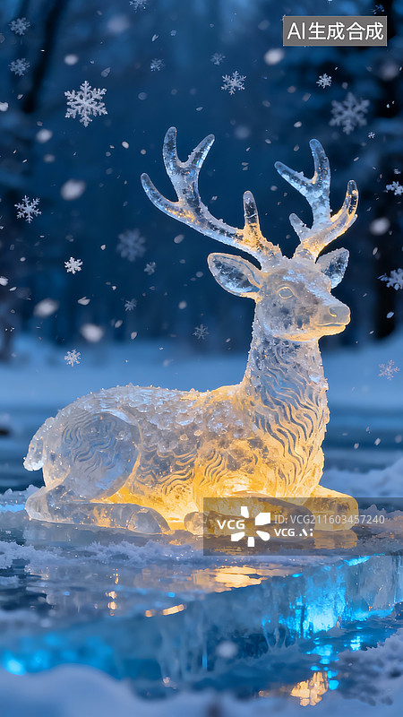 【AI数字艺术】雪花飞扬，冰面上这一只冰雕发光梅花鹿，唯美高级，超高清分辨率图片素材