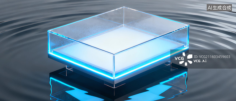 【AI数字艺术】悬浮于水面上的发光玻璃亚克力质感产品展示台图片素材