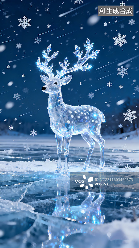 【AI数字艺术】雪花飞扬，冰面上这一只冰雕发光梅花鹿，唯美高级，超高清分辨率图片素材