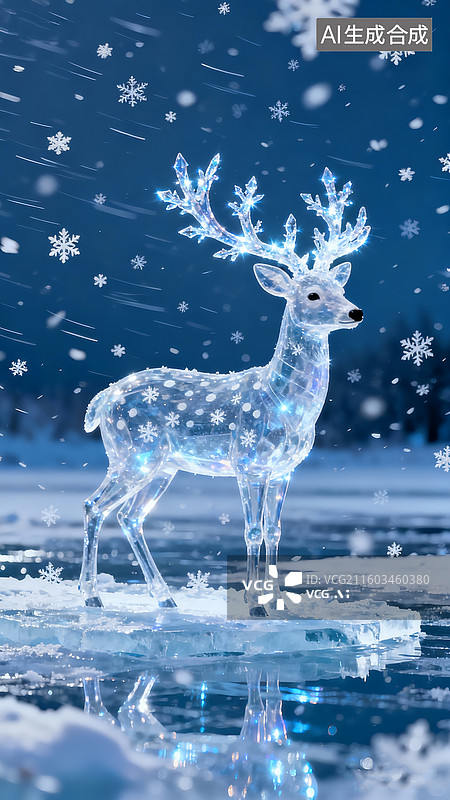 【AI数字艺术】雪花飞扬，冰面上这一只冰雕发光梅花鹿，唯美高级，超高清分辨率图片素材