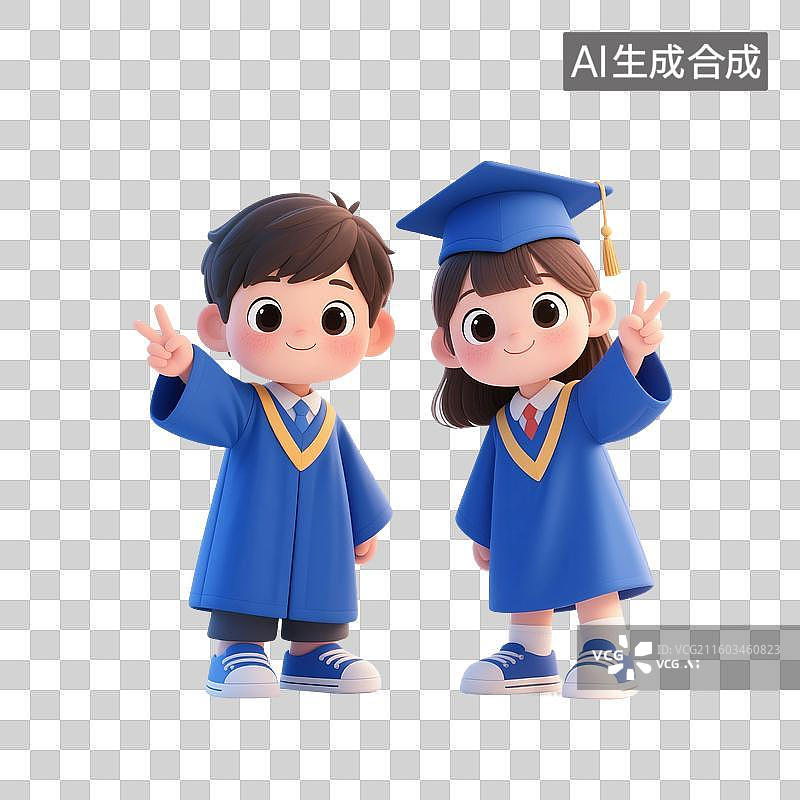 【AI数字艺术】3D渲染卡通人物，儿童，小学生，又要毕业，穿学士服的儿童，博士服，免抠元素图片素材