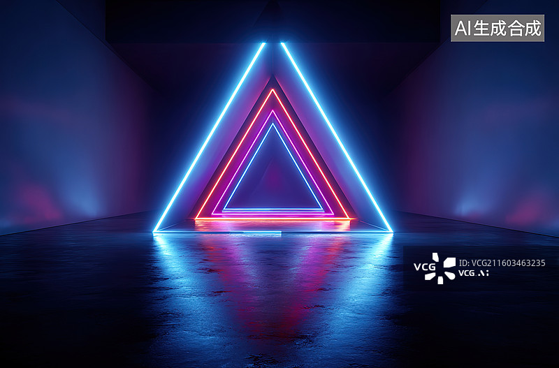 【AI数字艺术】霓虹三角形光影装置图片素材