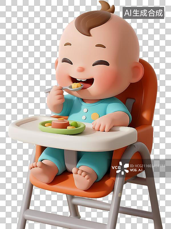 【AI数字艺术】婴儿吃饭坐在高脚椅上3D立体卡通质感插画元素图片素材