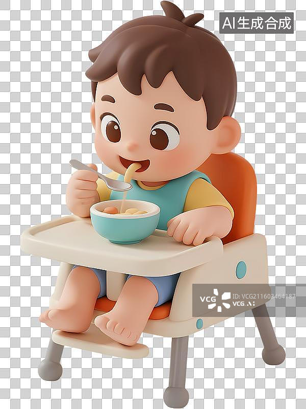 【AI数字艺术】婴儿吃饭坐在高脚椅上3D立体卡通质感插画元素图片素材
