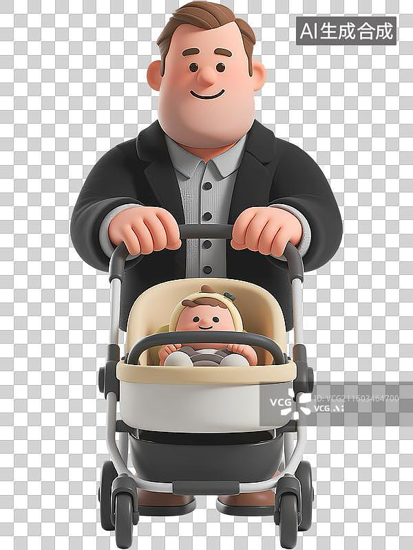 【AI数字艺术】父亲推着婴儿车3D立体卡通质感插画元素图片素材