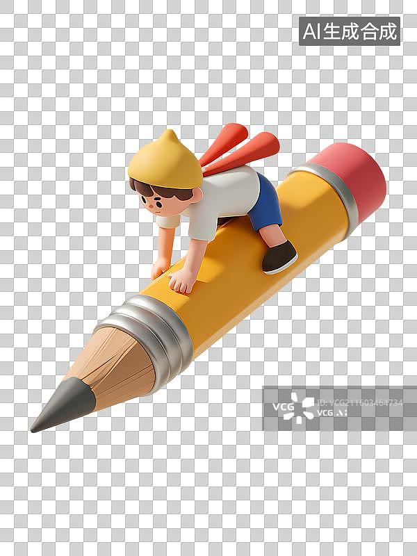 【AI数字艺术】男孩骑着铅笔飞翔3D立体卡通质感插画元素图片素材