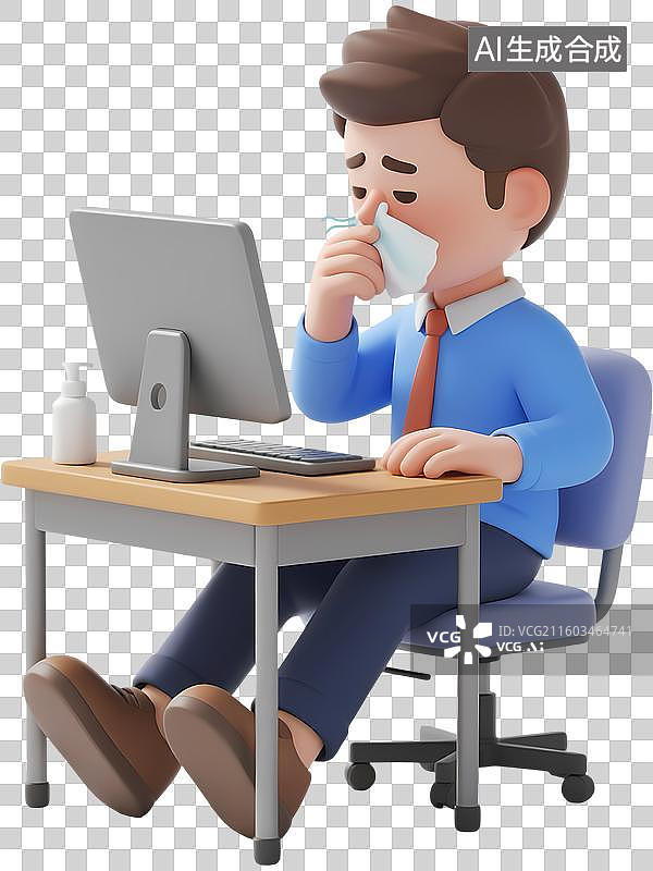 【AI数字艺术】办公室男士感冒流鼻涕3D立体卡通质感插画元素图片素材