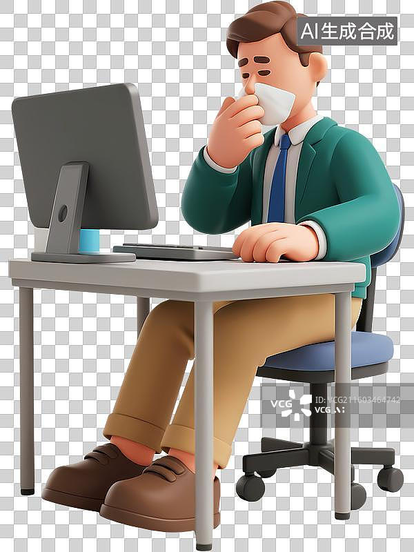 【AI数字艺术】办公室男士感冒流鼻涕3D立体卡通质感插画元素图片素材