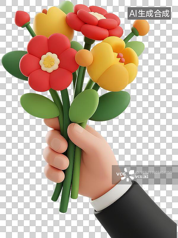 【AI数字艺术】手持花束3D立体卡通质感插画元素图片素材