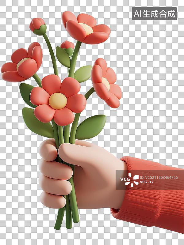 【AI数字艺术】手持花束3D立体卡通质感插画元素图片素材