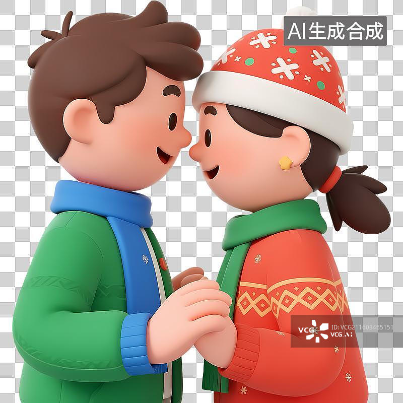 【AI数字艺术】情侣约会牵手拥抱对视3D立体卡通质感插画元素图片素材