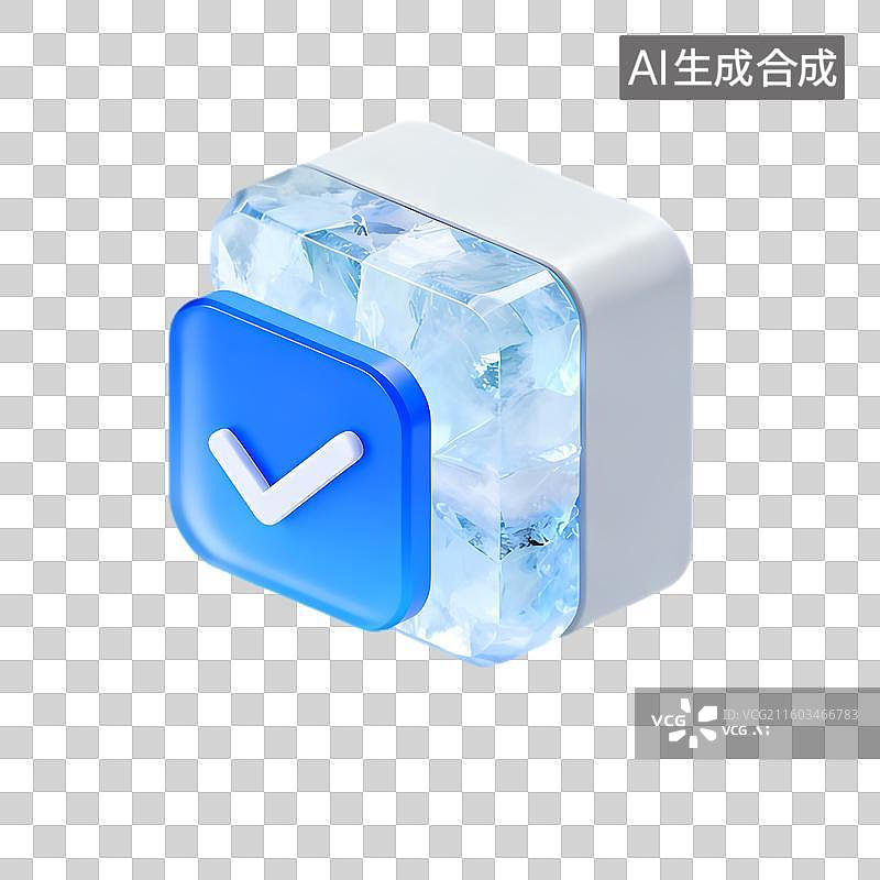 【AI数字艺术】带蓝色对勾和冰纹的立方体图标图片素材