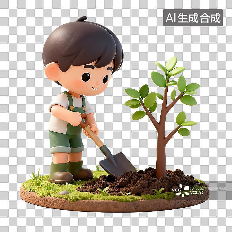 【AI数字艺术】可爱卡通男孩种植小树图片素材