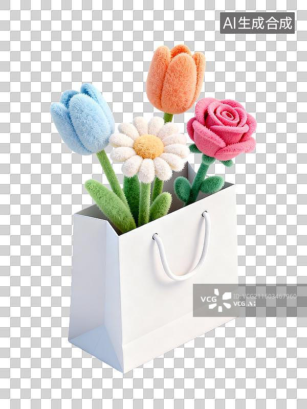 【AI数字艺术】白色纸袋中的彩色毛毡花图片素材