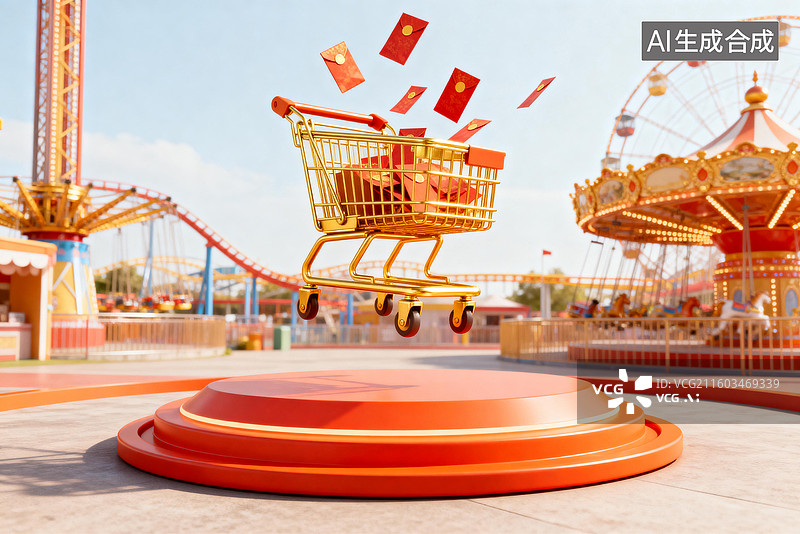 【AI数字艺术】游乐园中满载红包的金色购物车图片素材