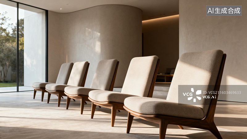 【AI数字艺术】室内排列整齐的木质座椅图片素材