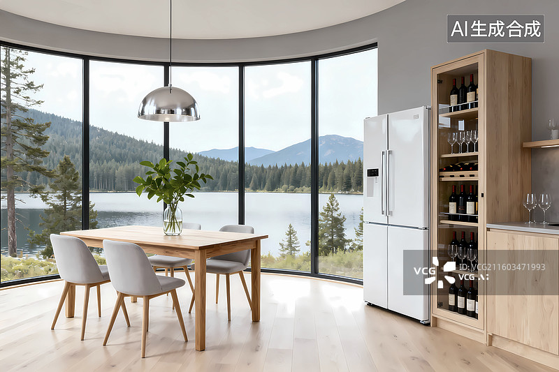【AI数字艺术】开放式别墅餐厅酒柜冰箱场景图片素材