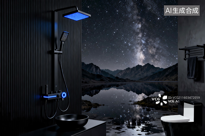 【AI数字艺术】暗色系星空艺术花洒家电广告浴室背景图片素材