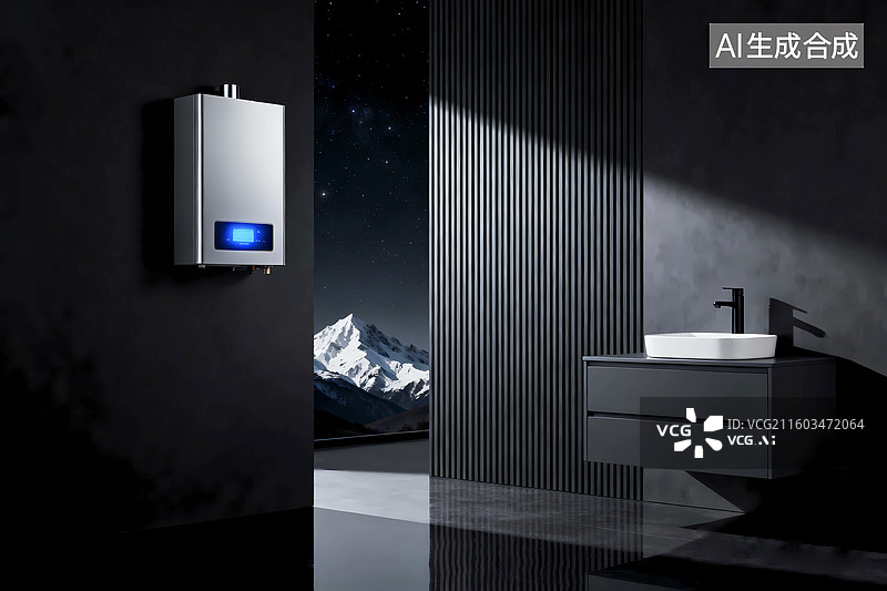 【AI数字艺术】高档暗色系星空浴室卫生间热水器家电场景图片素材