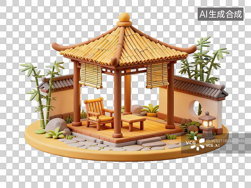 【AI数字艺术】3d粘土质感微缩夏日纳凉亭阁场景图片素材