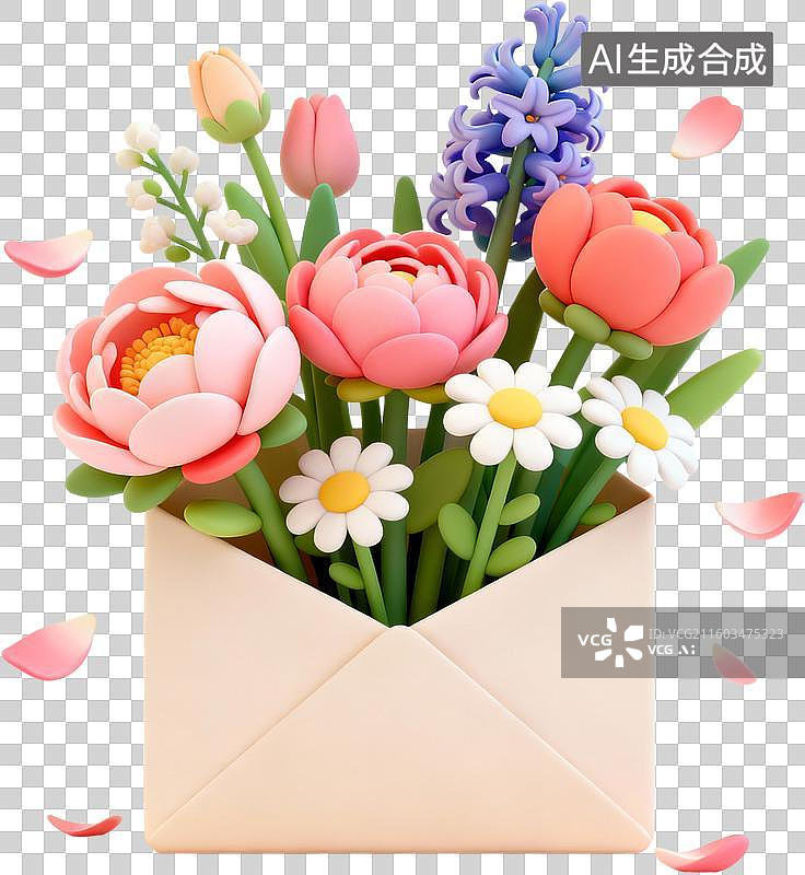 【AI数字艺术】3D卡通风格创意花朵花束书本信封爱心环保女孩插画元素图片素材