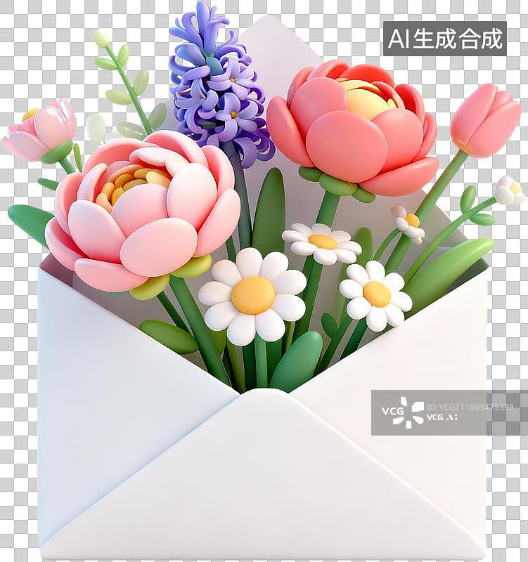 【AI数字艺术】3D卡通风格创意花朵花束书本信封爱心环保女孩插画元素图片素材